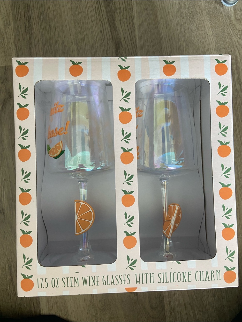 Iridescent Orange Stem Wine Glasses with Orange Slice Charm - Set of 2